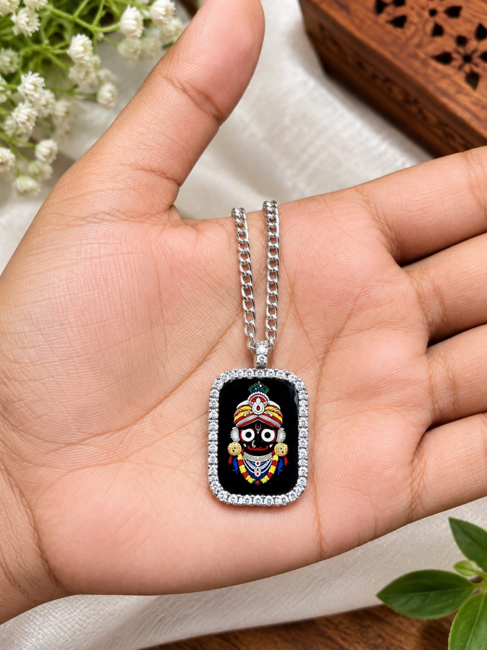 Jagannath Ji Pendant Necklace for Men & Women | Silver-Tone Religious Statement Pendant with Chain